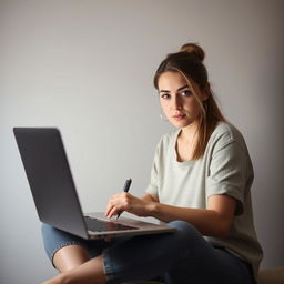 A focused young woman sitting in front of a laptop, deeply engaged in writing