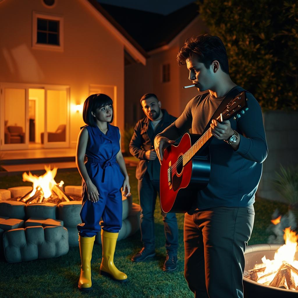 A night scene in a villa's backyard, illuminated by a warm glow from a large fire pit