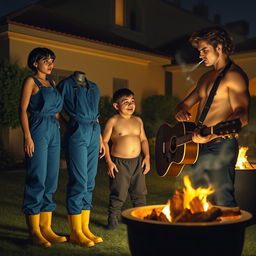 A night scene in a villa's backyard, illuminated by a warm glow from a large fire pit
