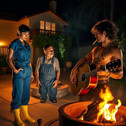 A night scene in a villa's backyard, illuminated by a warm glow from a large fire pit