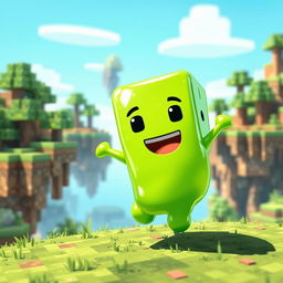 A vibrant and playful Minecraft-style slime character, with a bright green color and a shiny, glossy texture