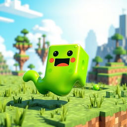 A vibrant and playful Minecraft-style slime character, with a bright green color and a shiny, glossy texture