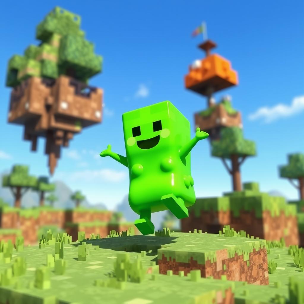 A vibrant and playful Minecraft-style slime character, with a bright green color and a shiny, glossy texture