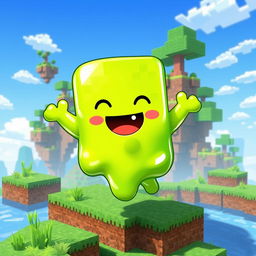 A vibrant and playful Minecraft-style slime character, with a bright green color and a shiny, glossy texture