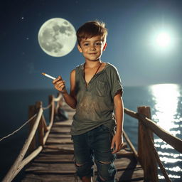 A charming young boy standing on an old wooden bridge above the sea at night