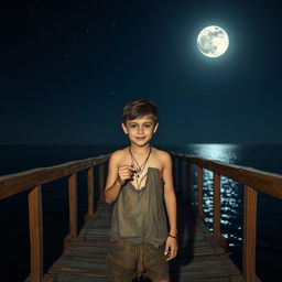 A charming young boy standing on an old wooden bridge above the sea at night