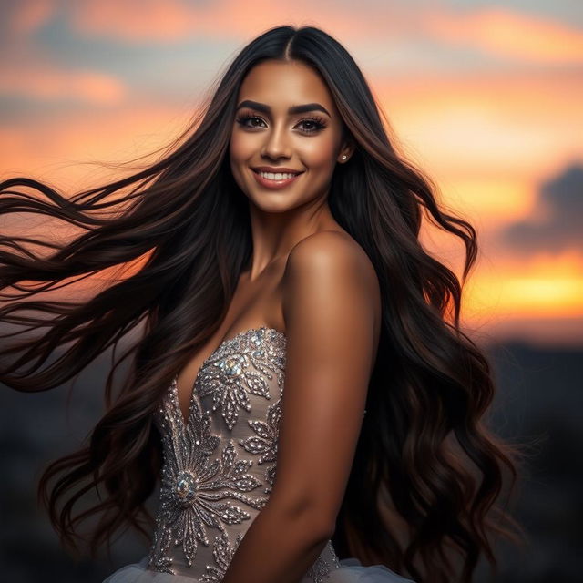 A stunning, edited photo of a beautiful model with long flowing hair, styled elegantly, wearing a glamorous evening gown that sparkles with intricate details