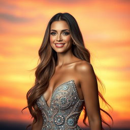 A stunning, edited photo of a beautiful model with long flowing hair, styled elegantly, wearing a glamorous evening gown that sparkles with intricate details