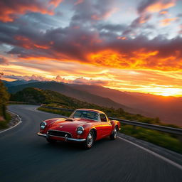 A sleek, stylish car racing along a winding mountain road during sunset, with dramatic clouds in the sky reflecting vibrant hues of orange, pink, and purple