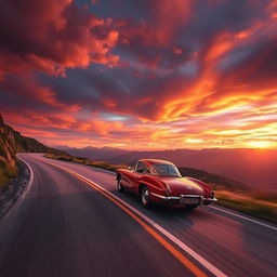 A sleek, stylish car racing along a winding mountain road during sunset, with dramatic clouds in the sky reflecting vibrant hues of orange, pink, and purple