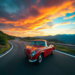A sleek, stylish car racing along a winding mountain road during sunset, with dramatic clouds in the sky reflecting vibrant hues of orange, pink, and purple