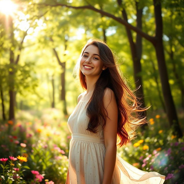 A young woman standing in a sunlit forest, surrounded by vibrant green trees and colorful flowers