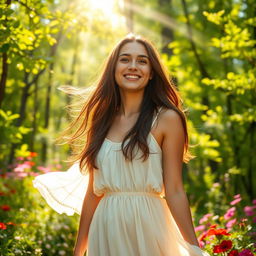 A young woman standing in a sunlit forest, surrounded by vibrant green trees and colorful flowers