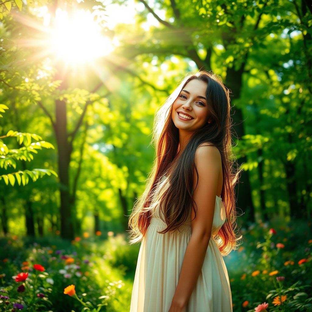 A young woman standing in a sunlit forest, surrounded by vibrant green trees and colorful flowers