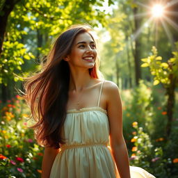 A young woman standing in a sunlit forest, surrounded by vibrant green trees and colorful flowers