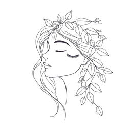 A delicate line-art illustration of a serene woman's face adorned with stylized leaves and floral elements