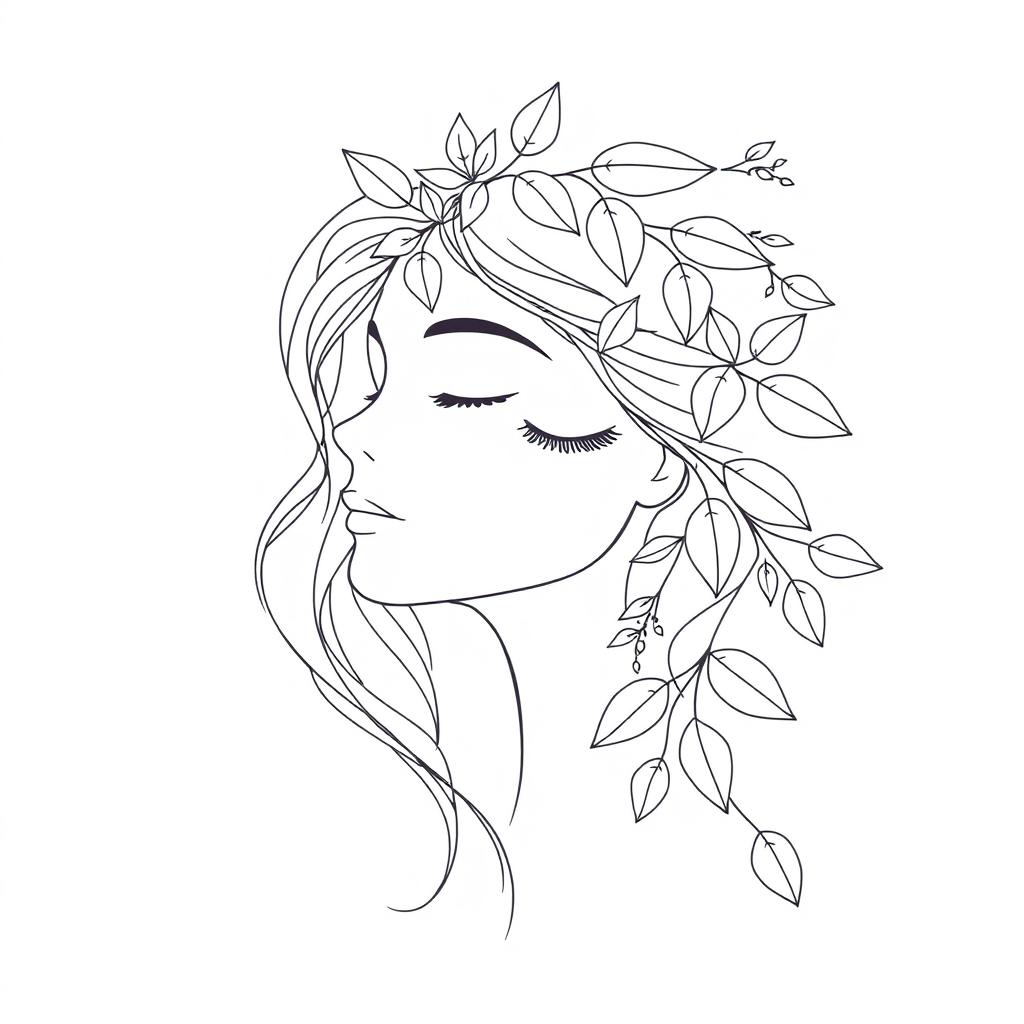 A delicate line-art illustration of a serene woman's face adorned with stylized leaves and floral elements