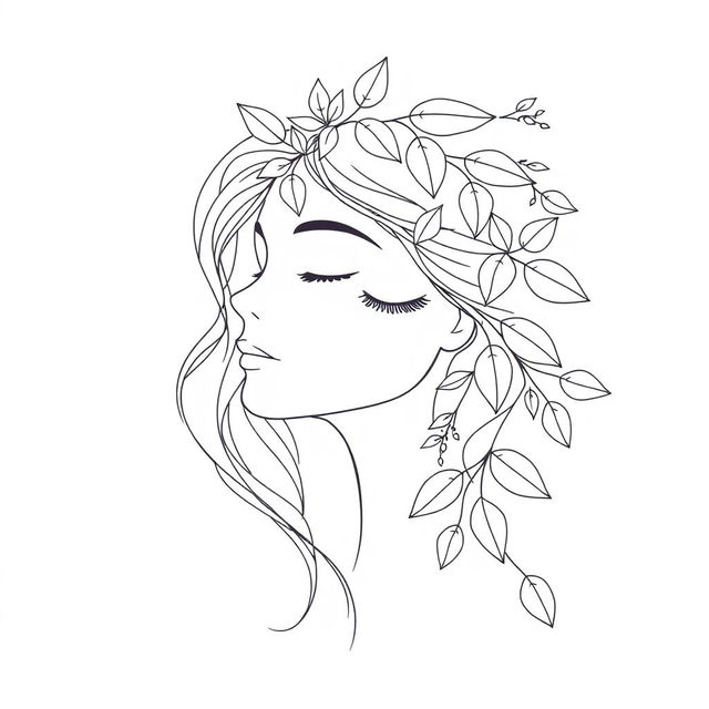 A delicate line-art illustration of a serene woman's face adorned with stylized leaves and floral elements