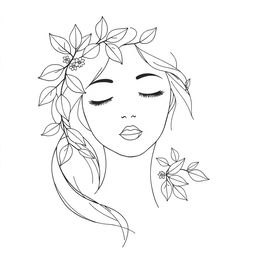 A delicate line-art illustration of a serene woman's face adorned with stylized leaves and floral elements