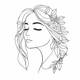 A delicate line-art illustration of a serene woman's face adorned with stylized leaves and floral elements