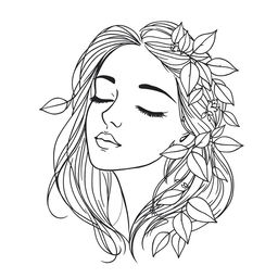A delicate line-art illustration of a serene woman's face adorned with stylized leaves and floral elements