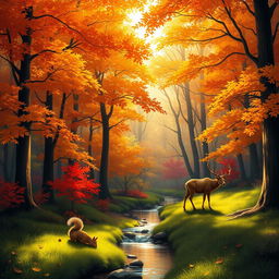 A stunning and vibrant digital painting of a forest during autumn