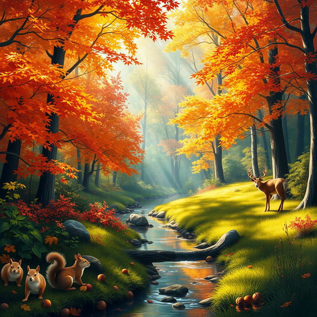 A stunning and vibrant digital painting of a forest during autumn