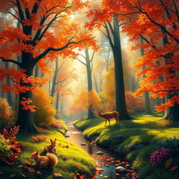 A stunning and vibrant digital painting of a forest during autumn