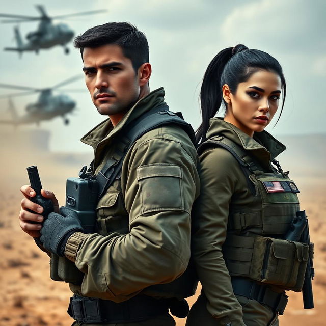 A male and female commander dressed in tactical military gear, standing confidently back-to-back in a dramatic pose