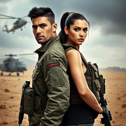 A male and female commander dressed in tactical military gear, standing confidently back-to-back in a dramatic pose