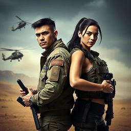 A male and female commander dressed in tactical military gear, standing confidently back-to-back in a dramatic pose