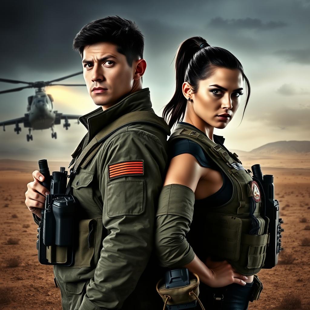 A male and female commander dressed in tactical military gear, standing confidently back-to-back in a dramatic pose
