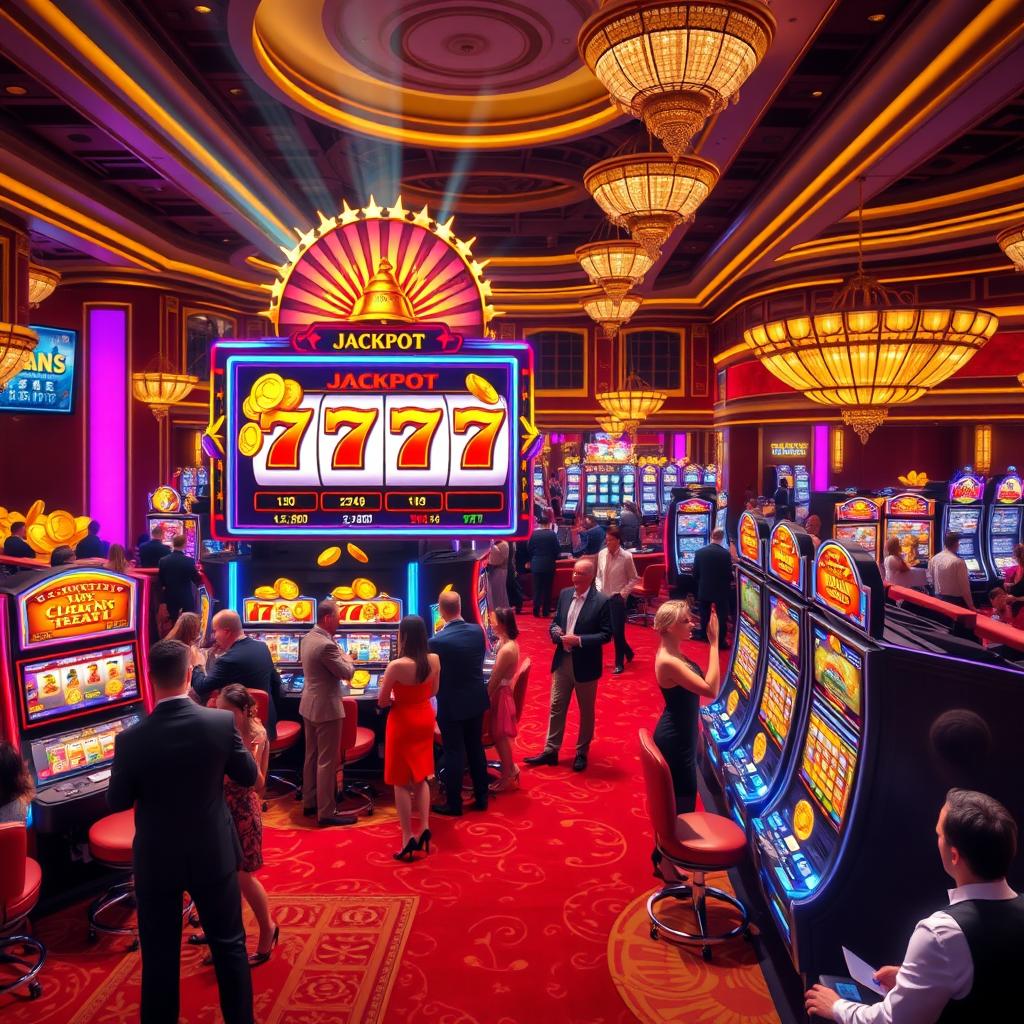 A vibrant and exciting casino scene featuring a large, colorful jackpot display with flashing lights and a winning bell ringing