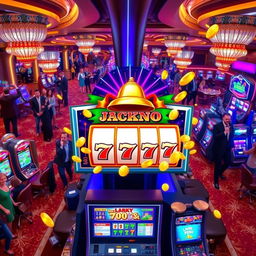 A vibrant and exciting casino scene featuring a large, colorful jackpot display with flashing lights and a winning bell ringing