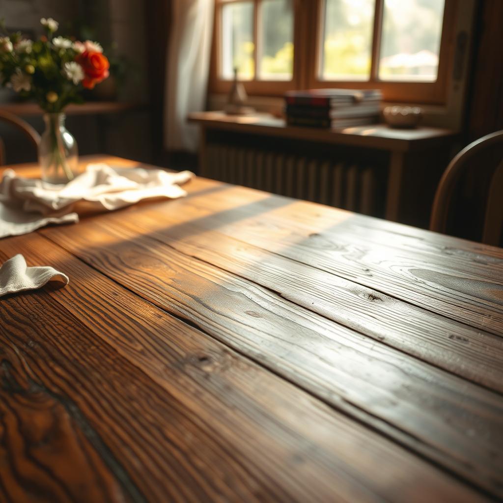 A beautifully designed wooden table background, showcasing the rich texture and grain of the wood