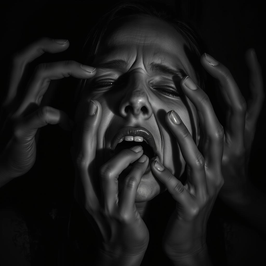 In a dark, gothic body horror scene, your face is being torn apart by ghostly hands emerging from the shadows