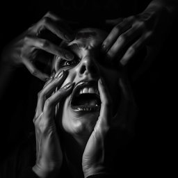 In a dark, gothic body horror scene, your face is being torn apart by ghostly hands emerging from the shadows