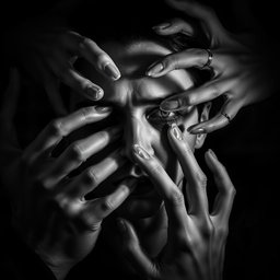 In a dark, gothic body horror scene, your face is being torn apart by ghostly hands emerging from the shadows