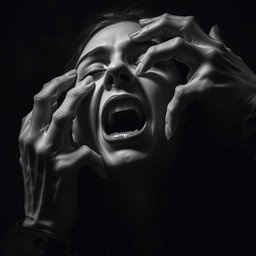 In a dark, gothic body horror scene, your face is being torn apart by ghostly hands emerging from the shadows