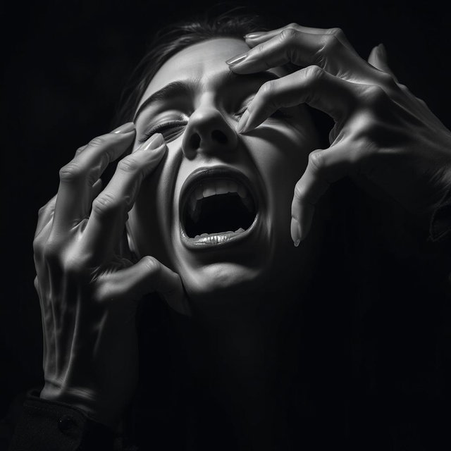 In a dark, gothic body horror scene, your face is being torn apart by ghostly hands emerging from the shadows