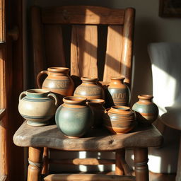 A rustic scene featuring beautifully crafted pottery displayed on a sturdy wooden chair