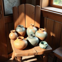A rustic scene featuring beautifully crafted pottery displayed on a sturdy wooden chair