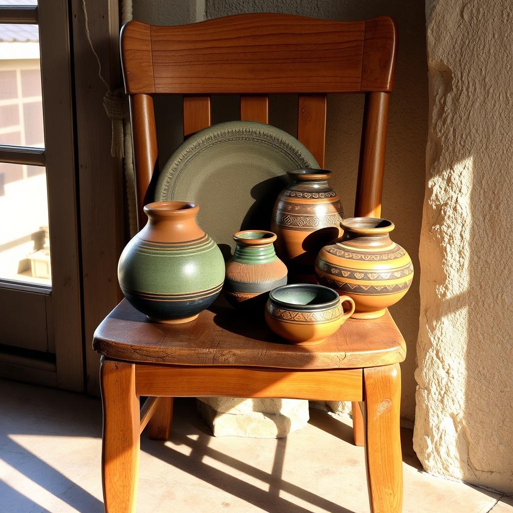 A rustic scene featuring beautifully crafted pottery displayed on a sturdy wooden chair