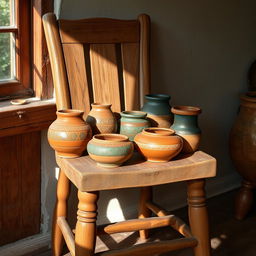 A rustic scene featuring beautifully crafted pottery displayed on a sturdy wooden chair