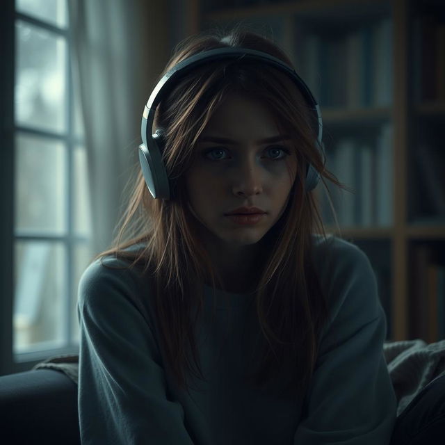 A young woman with a broken heart, sitting alone in a dimly lit room, wearing headphones and crying