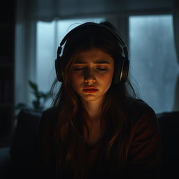 A young woman with a broken heart, sitting alone in a dimly lit room, wearing headphones and crying