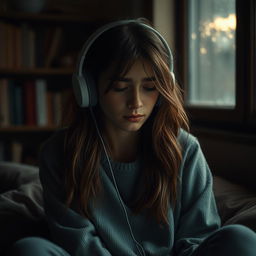 A young woman with a broken heart, sitting alone in a dimly lit room, wearing headphones and crying