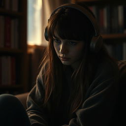 A young woman with a broken heart, sitting alone in a dimly lit room, wearing headphones and crying