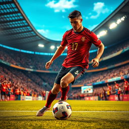 A vibrant soccer scene showcasing a dynamic football match set in a large, crowded stadium, featuring a male soccer player with a strong build and distinct features reminiscent of Cristiano Ronaldo, wearing a red team jersey and black shorts