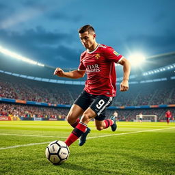 A vibrant soccer scene showcasing a dynamic football match set in a large, crowded stadium, featuring a male soccer player with a strong build and distinct features reminiscent of Cristiano Ronaldo, wearing a red team jersey and black shorts